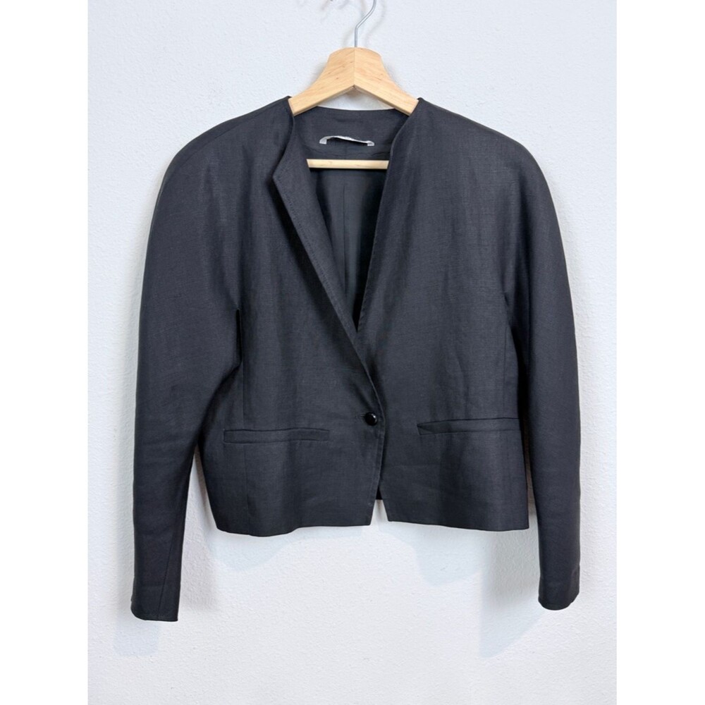 MaxMara Black Linen Cropped Collarless Single-Button Blazer 4